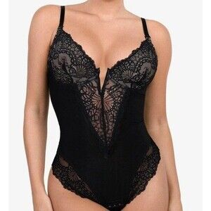 Popilush Shapewear NWT Lace Deep V-neck Sculpting Thong Bodysuit Size XL Black
